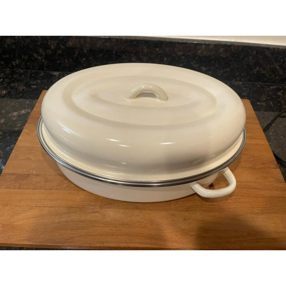 13 X 9 White Enamel Porcelain Roasting Pan With lid